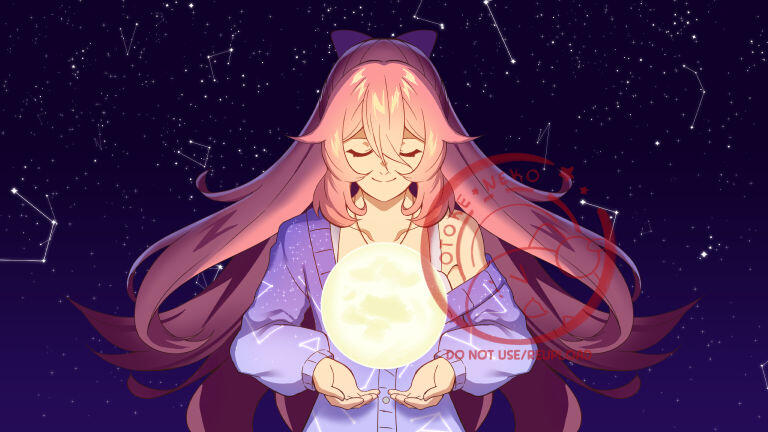 Illustration of VTuber Destiny with her eyes closed with a glowing yellow moon hovering over her palms.