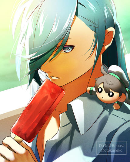 Downwards bust up shot of Richter from Elsword holding a red rectangular popsicle while looking at a chibi Bluhen on his shoulder. He is walking next to a yellow-green sea. Downwards bust up shot of Richter from Elsword holding a red rectangular popsicle w