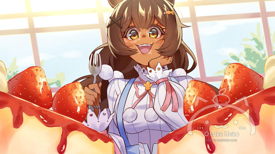 Illustration of the VTuber Himsicle happy and holding up a fork while gazing at the strawberry cheesecakes in front of her.