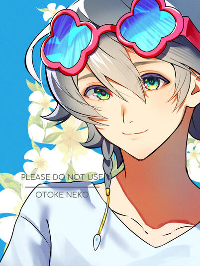 Bust up of Bluhen from Elsword wearing pink flower sunglasses with blue lens and wearing a white shirt. The background is a solid blue with white flowers.