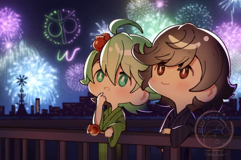 Chibi illustration of Phillip and Shotaro from Kamen Rider W dressed in their respective colored Yukatas while enjoying the nighttime fireworks.