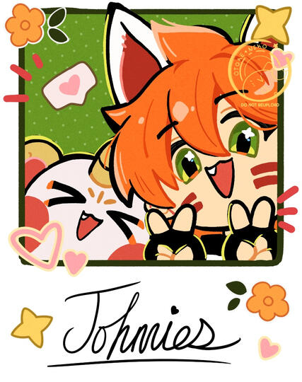 Fanart of the Johnnies from “To Be Hero X” The illustration emulates a photo card with various stickers and a signature that reads “Johnnies” at the bottom.