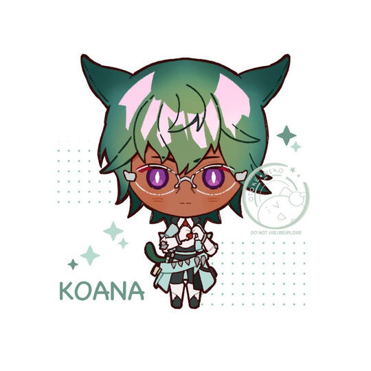 Chibi fullbody illustration of the miqote character Koana from Final Fantasy 14 against a white background with minimal graphics. The artist signature is on the right.