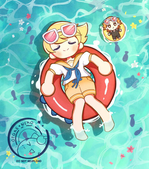 Teddie (Human form) from Persona 4 chilling on a red circle float next to a Yosuke Hanamura Nui who is also chilling on a yellow circle float. Both are wearing sunglasses. The background is a blue-green beach water with some fish and flowers scattered arou