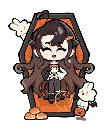 Chibi fanart of VTuber Mintmai in her vampire costume. She’s laying inside a black and orange coffin with her fan mascots and bread. The artist signature is on the bottom right.