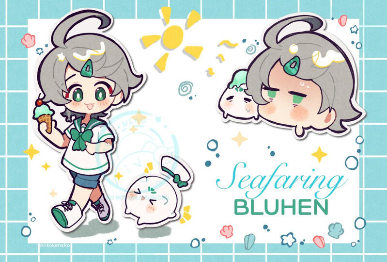 Chibi spread artwork of the character Bluhen from Elsword and his master artifact. On the left, Bluhen is holding an ice cream while looking down at his master artifact. They are both wearing sailor themed outfits. On the upper right is a chibi head of bot