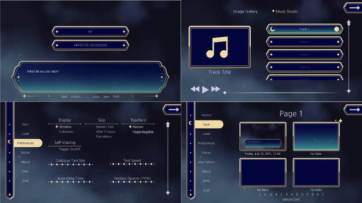 Showcase displaying a starry-night UI theme.
