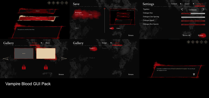 Showcase displaying a vampire and bloody themed visual novel UI.