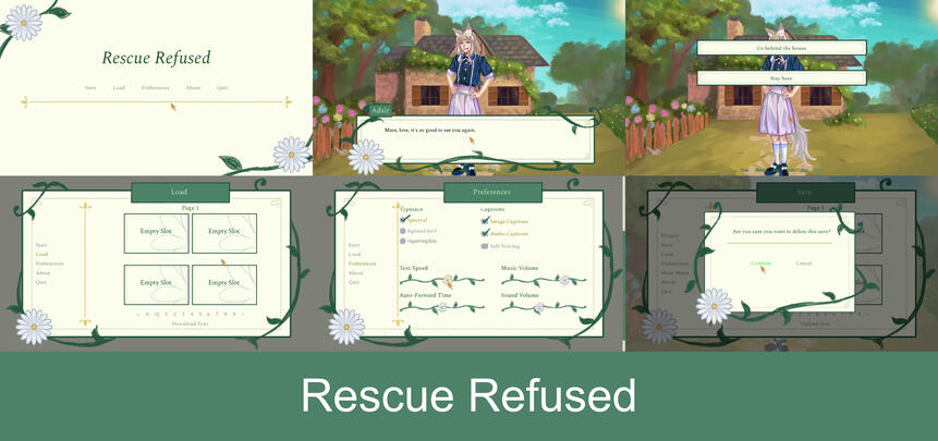 Showcase displaying a nature themed UI for the visual novel Rescue Refused
