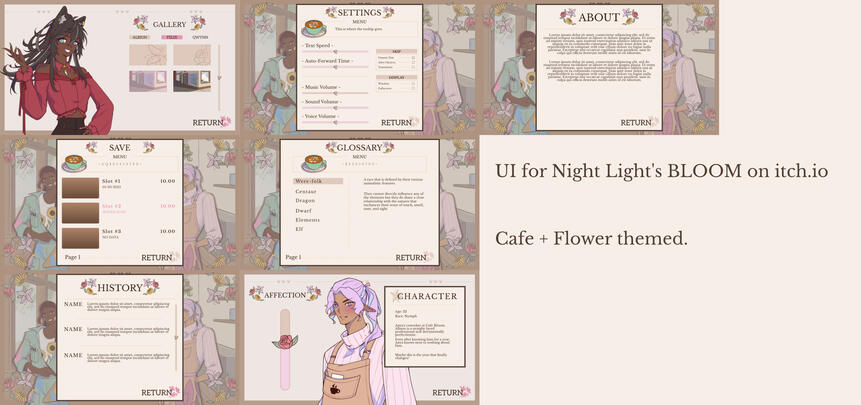 Showcase displaying the floral cafe theme UI for the visual novel: Bloom
