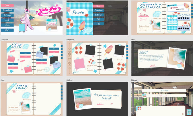 Showcase displaying a cute and colorful beach themed scrapbook themed visual novel UI.