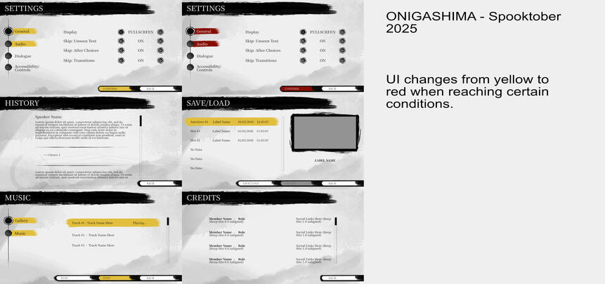 Showcase displaying all the minimal ink-brush/grunge UI design for the visual novel: ONIGASHIMA