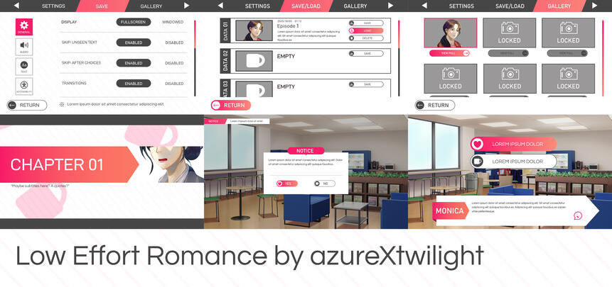 Showcase displaying pink and gray UI for Low Effort Romance