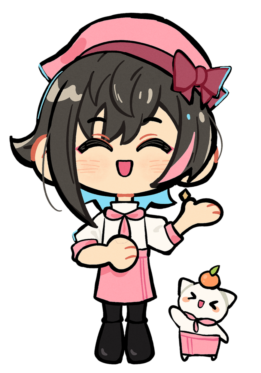 Fullbody chibi illustration of Otoke and her cat, Nekochi, dressed in a chef costume while greeting the user.